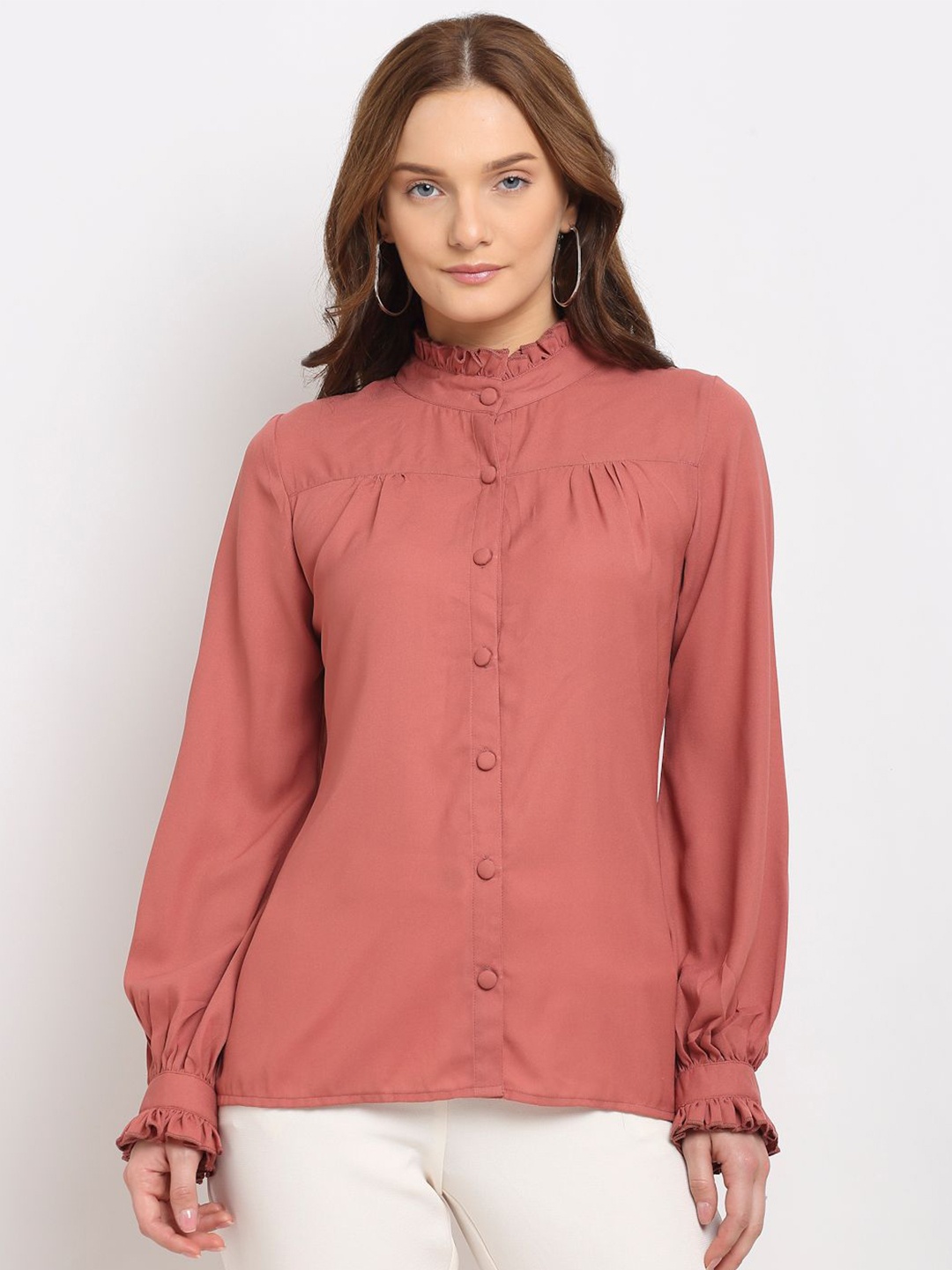 

La Zoire Women Pink Frilled Band Collar Top