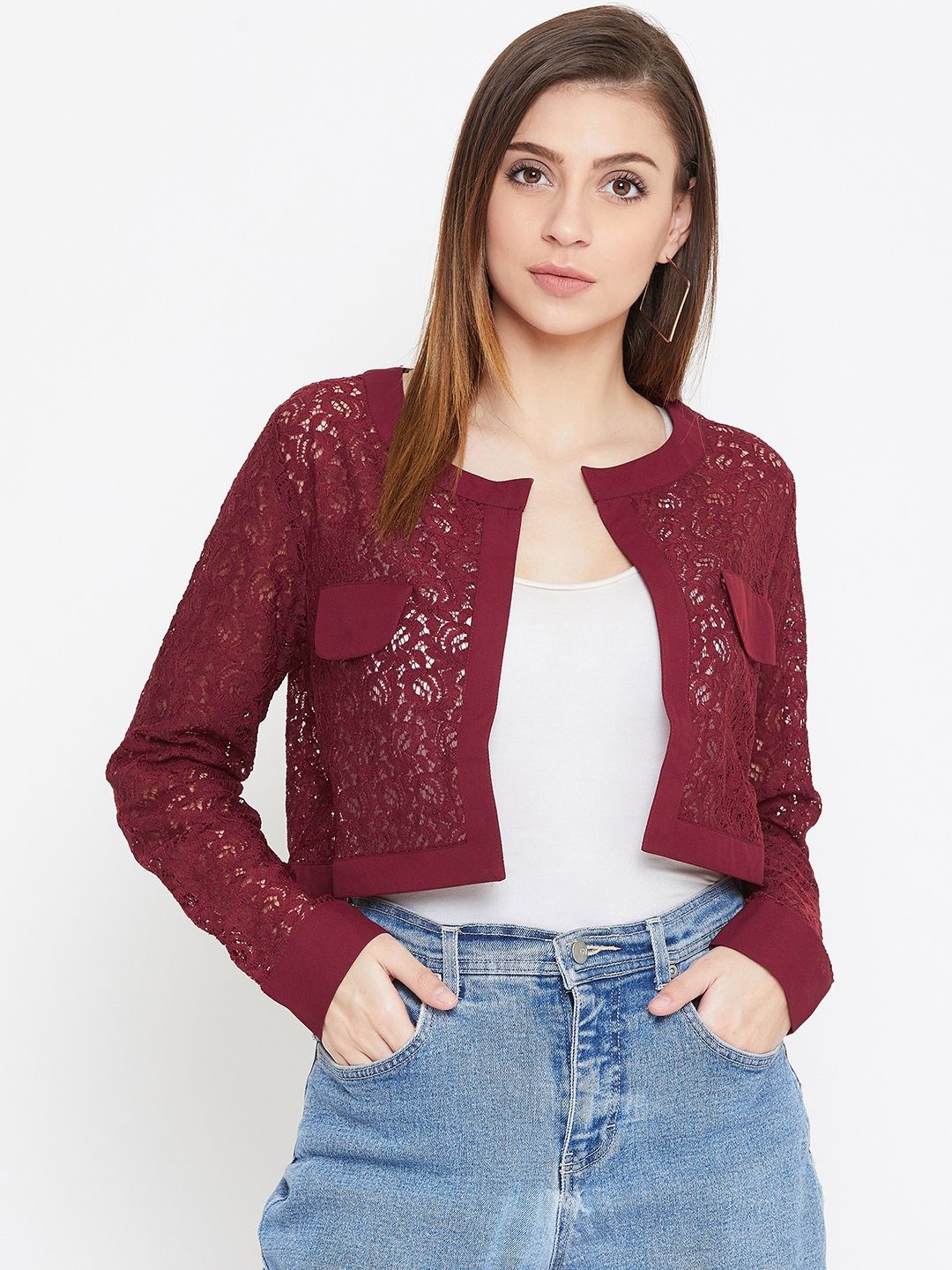 

La Zoire Women Maroon Lace Crop Shrug