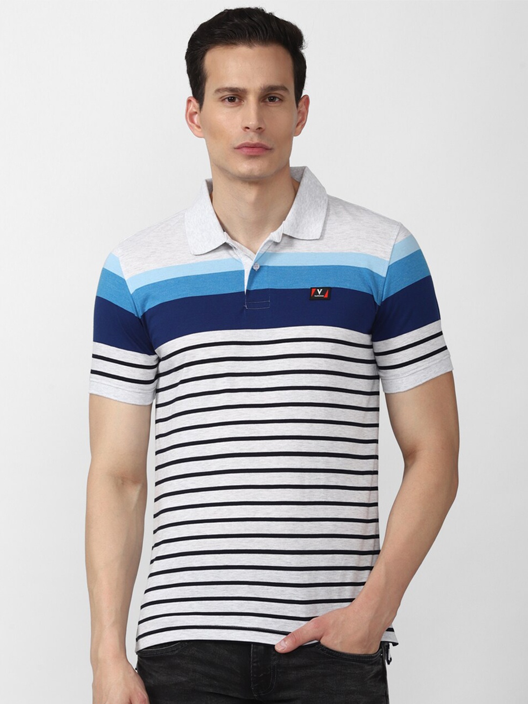 

Van Heusen Sport Men White & Navy Blue Striped Polo Collar T-shirt