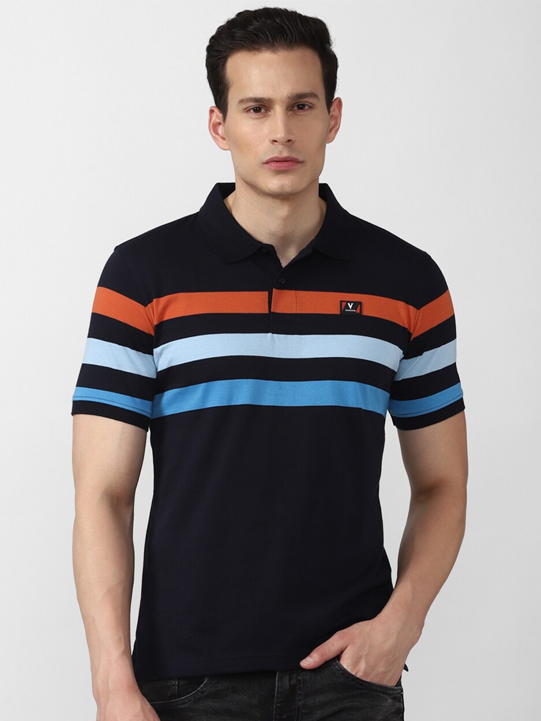 

Van Heusen Sport Men Black & Orange & Blue Striped Polo Collar T-shirt