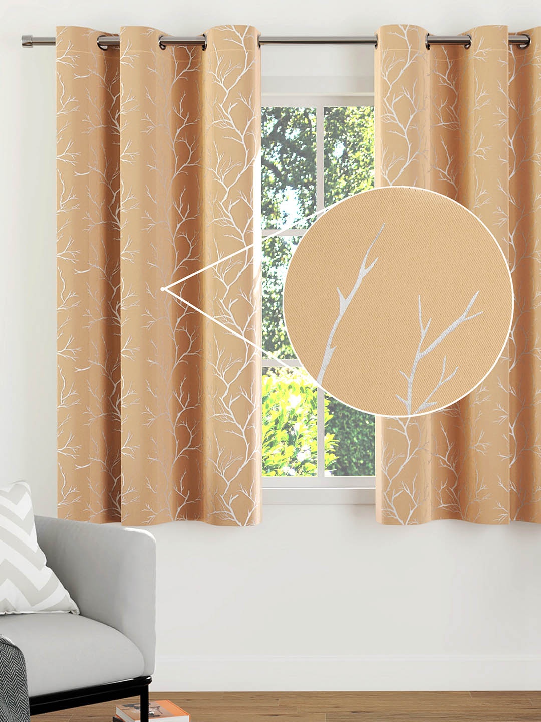 

Encasa Homes Beige & Silver-Toned Set of 2 Floral Room Darkening Window Curtain