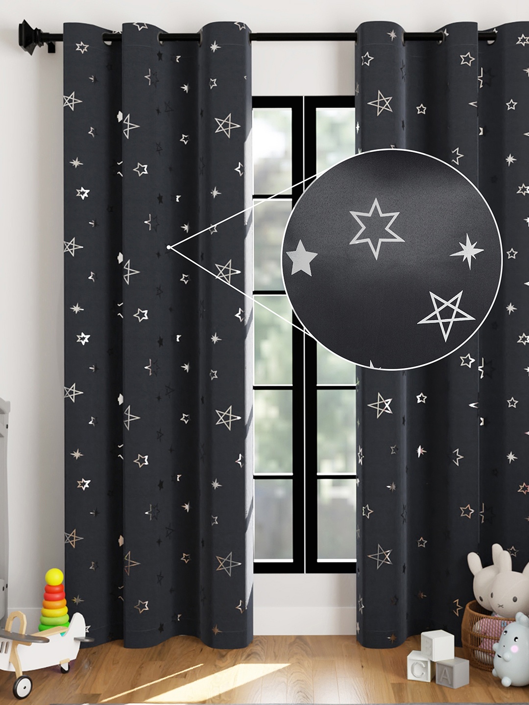 

Encasa Homes Black & Grey Set of 2 Star Printed Room Darkening Door Curtain