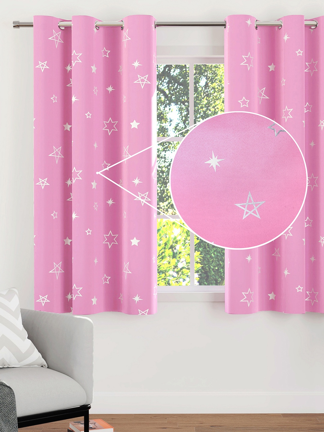 

Encasa Homes Pink & Silver-Toned Set of 2 Geometric Room Darkening Window Curtain