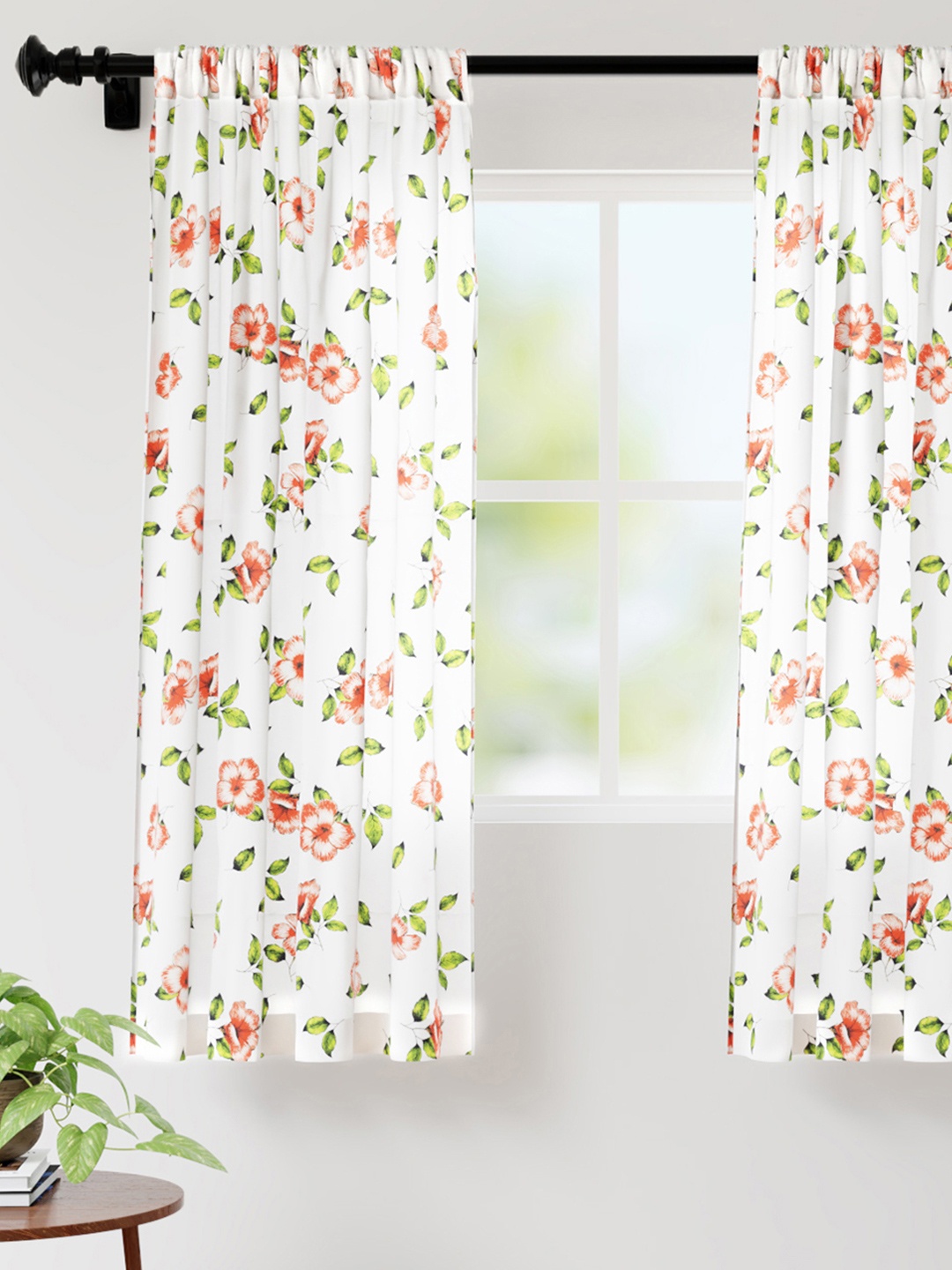 

Encasa Homes Set of 2 White & Peach-Coloured Floral Window Curtain