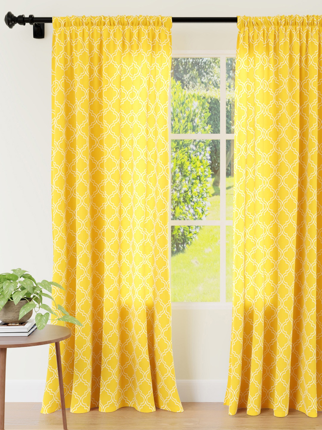 

Encasa Homes Yellow & White Set of 2 Geometric Trellis Curtain