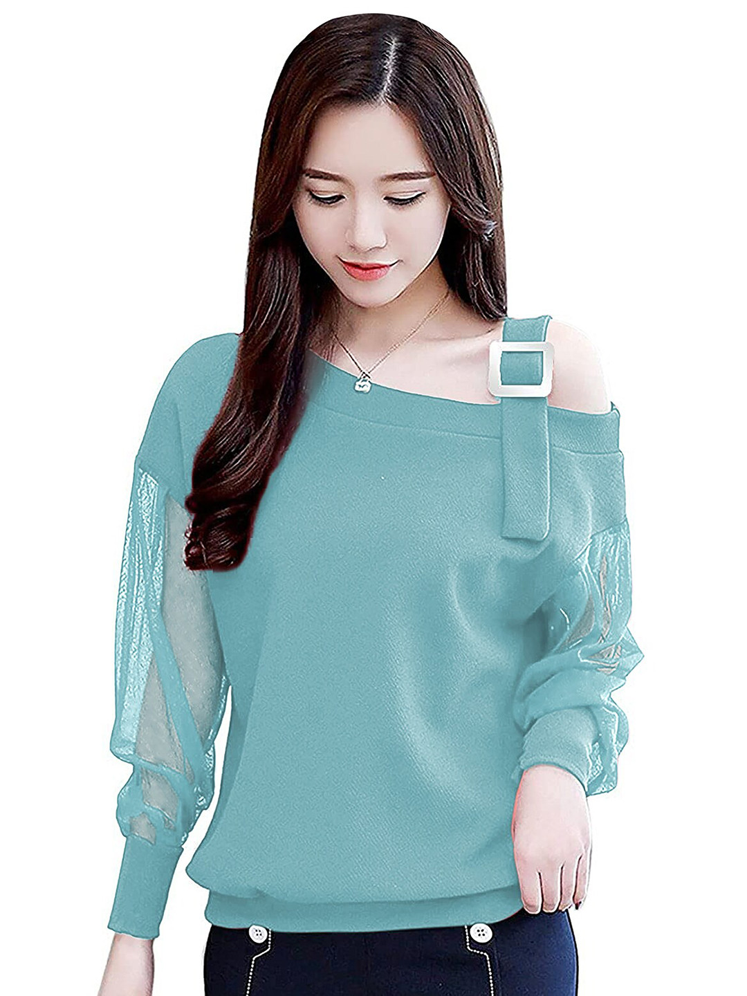 

LONDON BELLY Off Shoulder Cuffed Sleeves Top, Turquoise blue