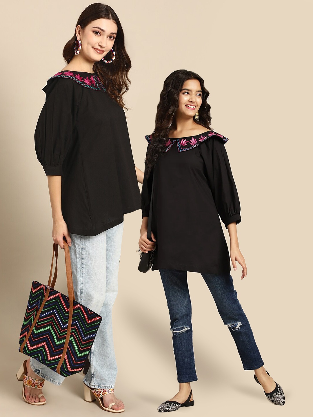 

Sangria Girls Pure Cotton Over the Board Collar Longline A-Line Top, Black