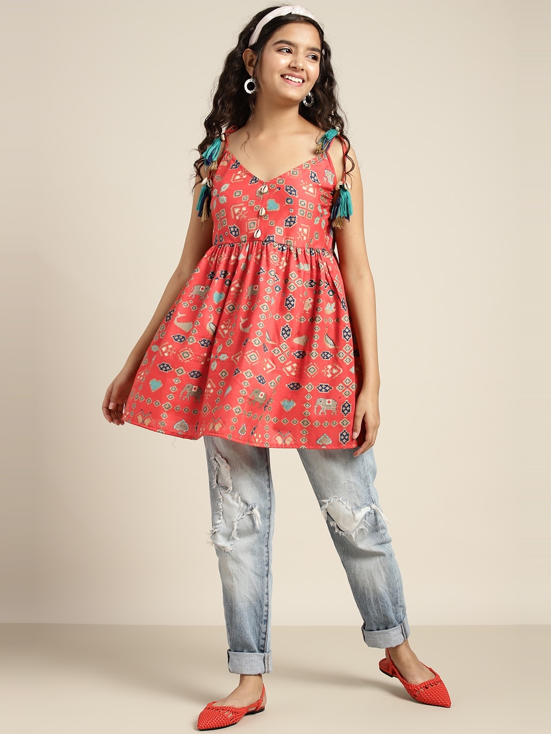 

Sangria Girls Orange & Gold Ethnic Motifs Print Empire Top