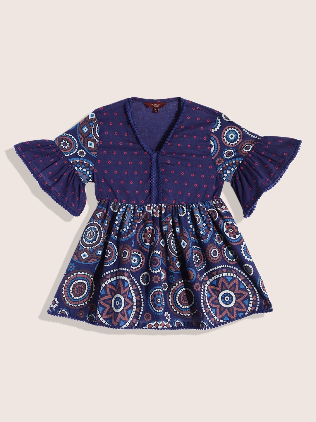

Sangria Girls Ethnic Motifs Printed Pure Cotton Empire Top, Navy blue
