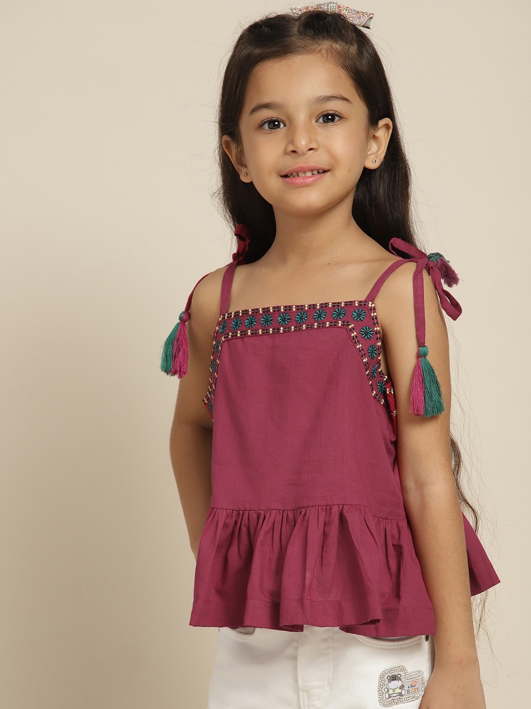 

Sangria Girls Maroon Solid Cotton Empire Top With Embroidered Details