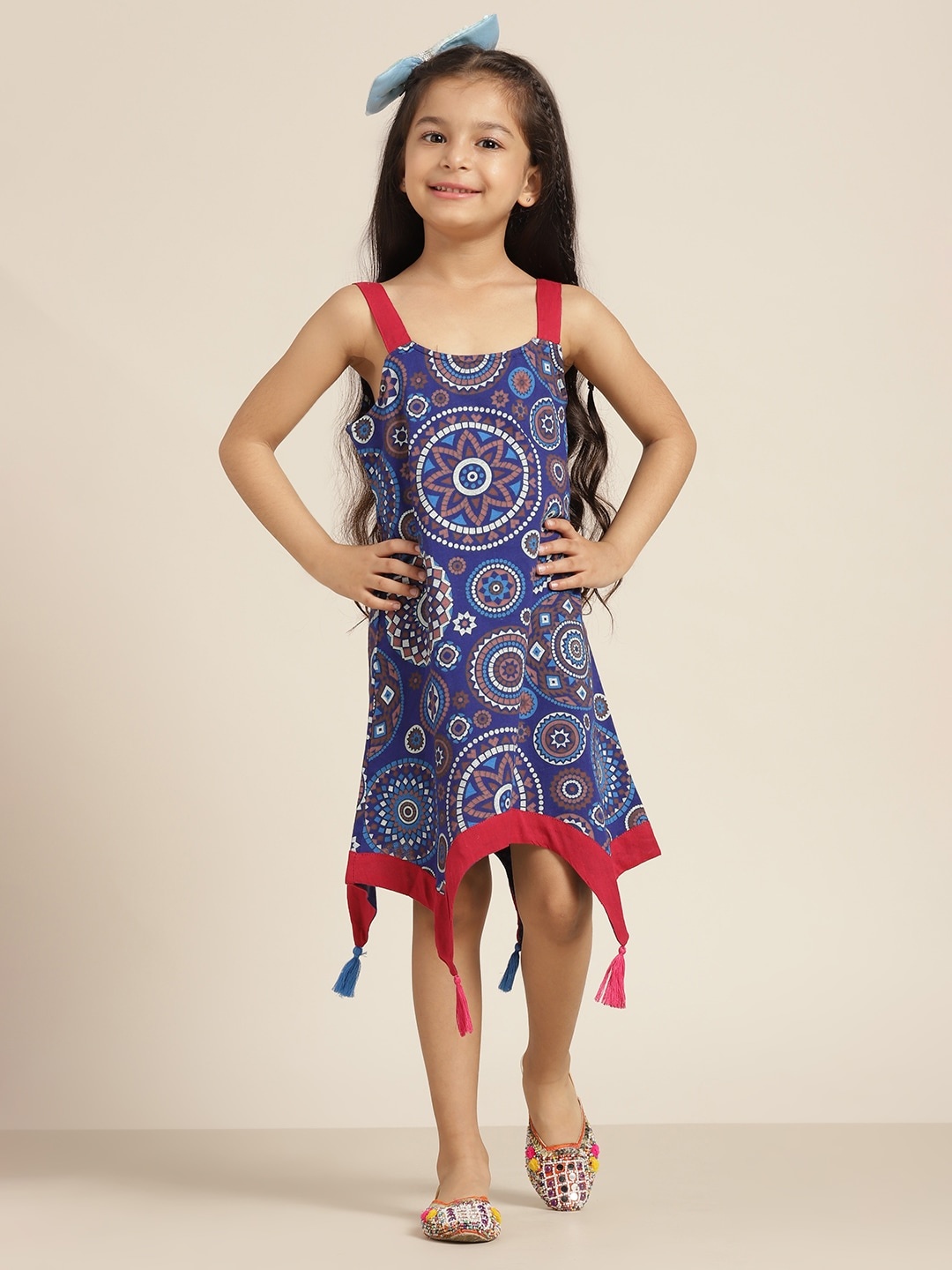 

Sangria Girls Ethnic Motifs Print Pure Cotton Asymmetric Longline A-Line Top, Blue