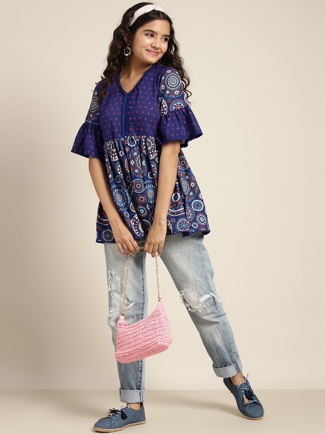 

Sangria Girls Ethnic Motifs Print Pure Cotton Empire Top, Navy blue