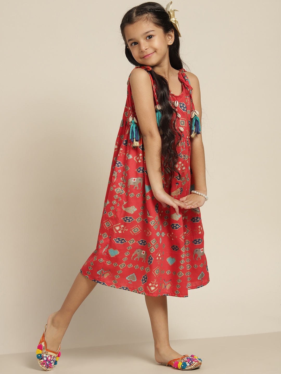 

Sangria Girls Orange & Gold Ethnic Motifs Print Empire Top