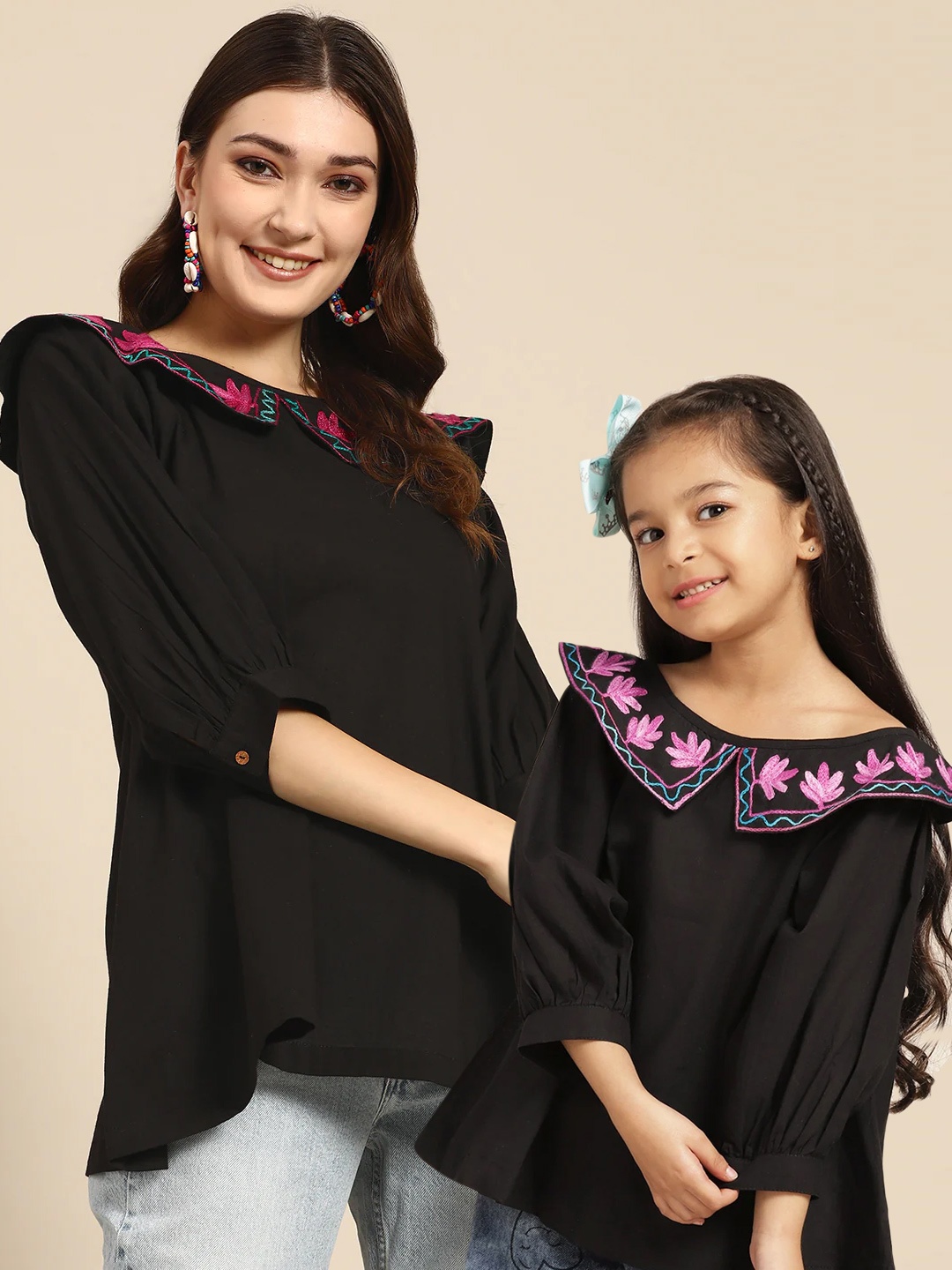 

Sangria Girls Pure Cotton Over the Board Collar Longline A-Line Top, Black