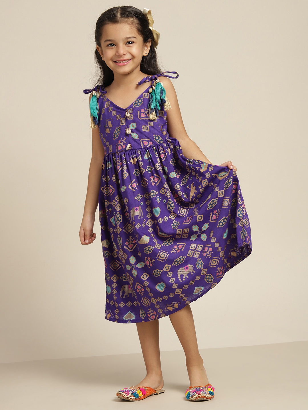 

Sangria Girls Purple & Gold Ethnic Motifs Print Empire Top