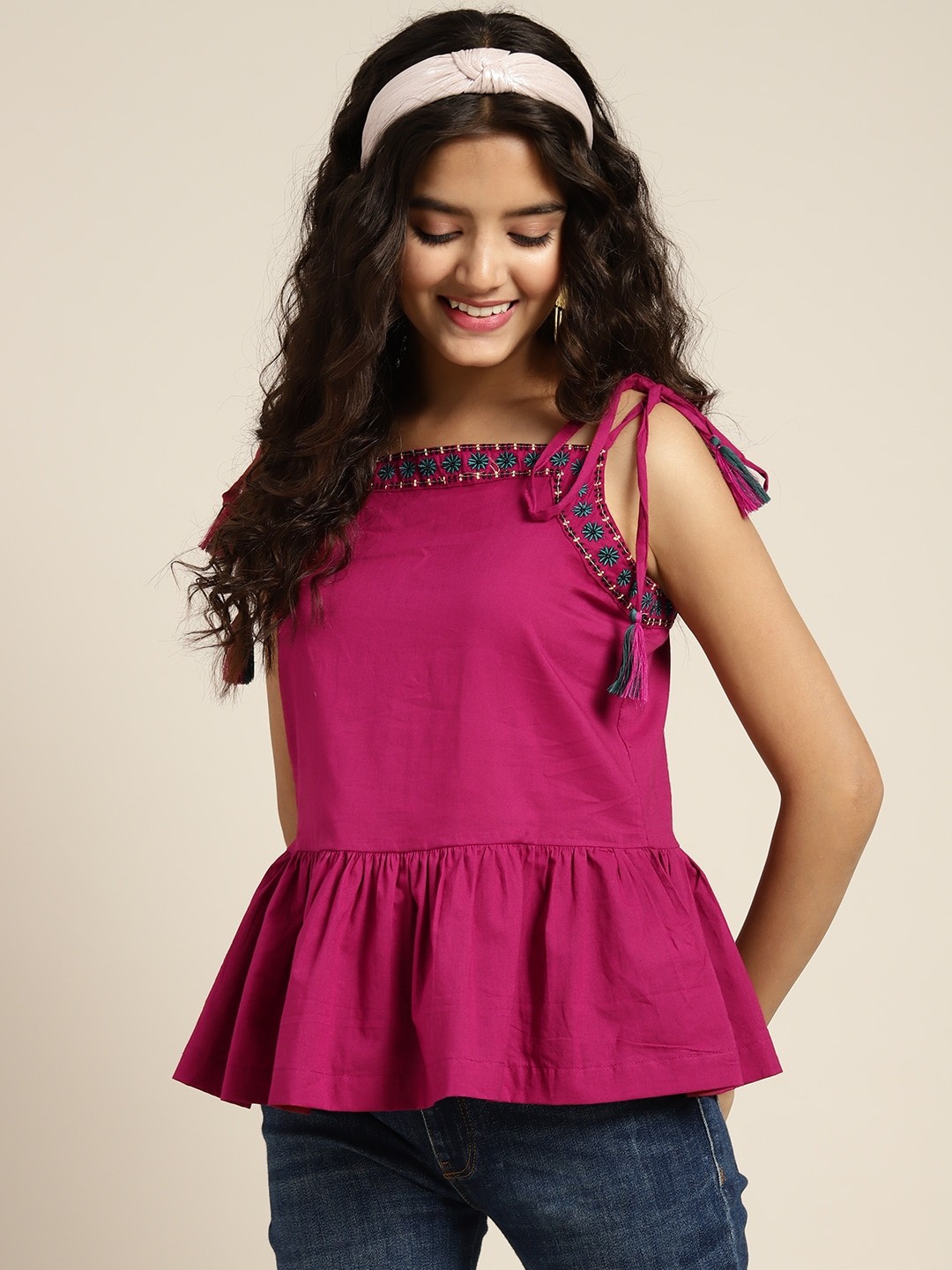 

Sangria Girls Maroon Solid Cotton Empire Top With Embroidered Details