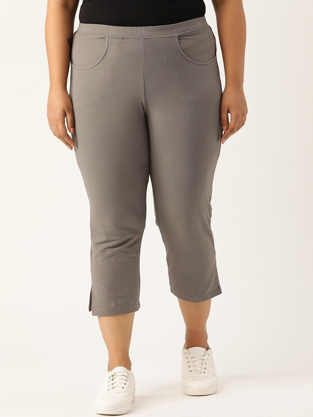 

theRebelinme Women Solid Grey High Rise Capris