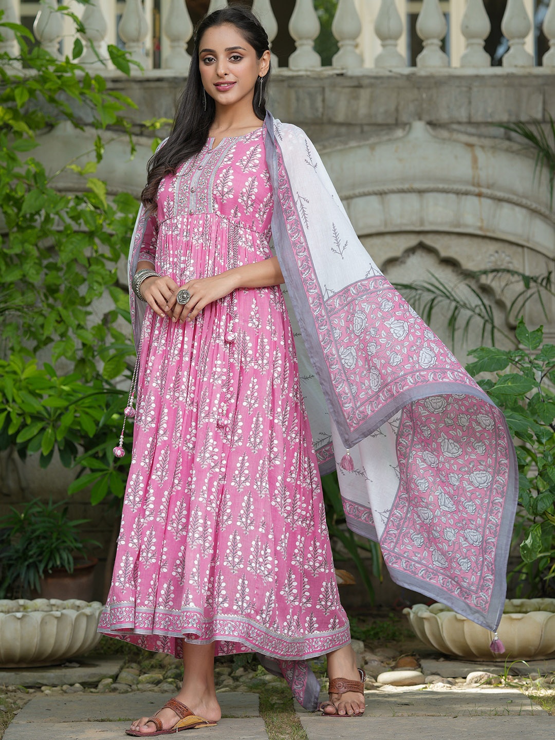 

Piroh Womens Voile Floral Butta Print Flared Gown with Dupatta Set, Pink