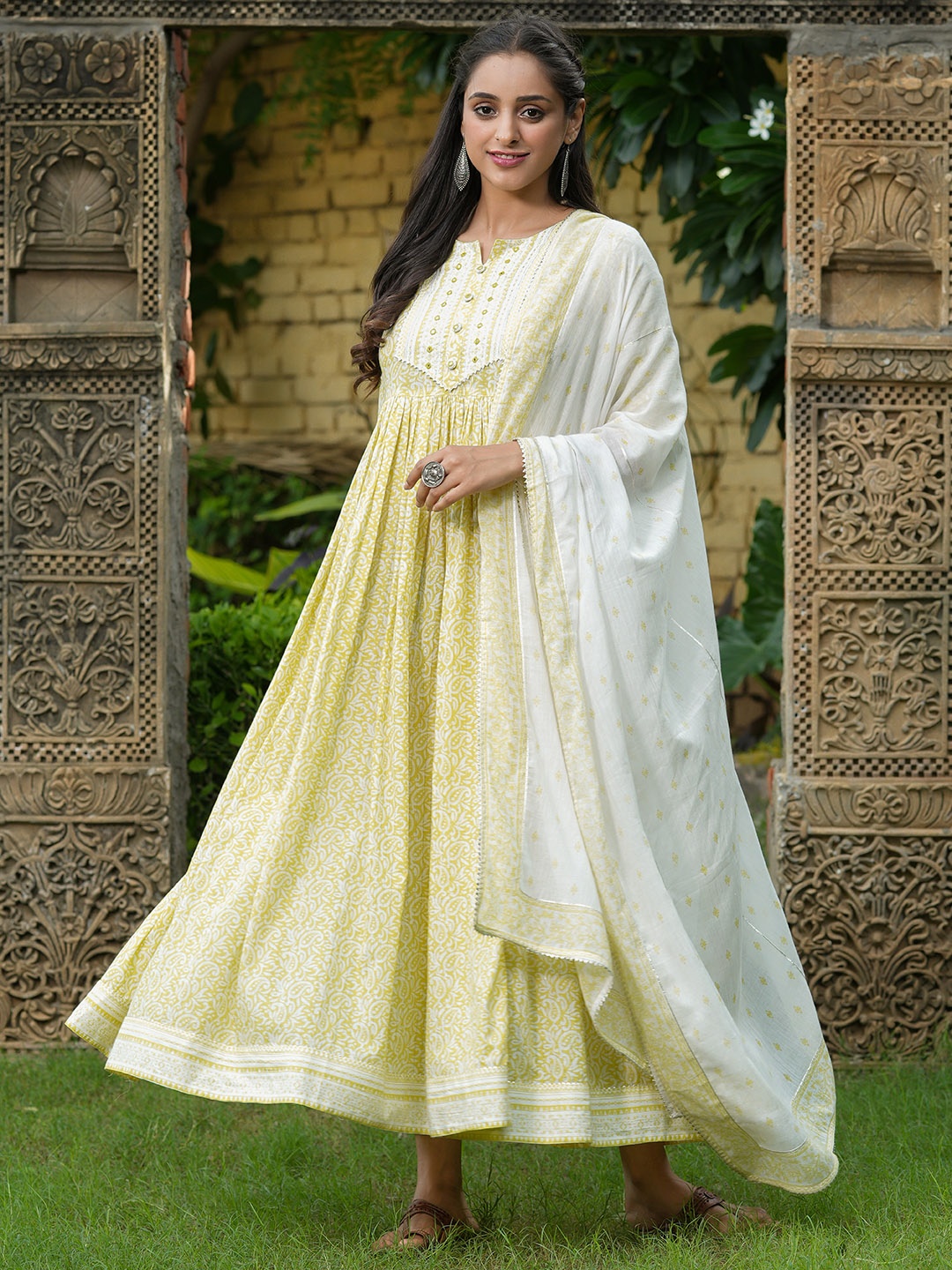 

Piroh Womens Cotton Paisley Jaal Print Flared Gown Lime Yellow with Dupatta Set