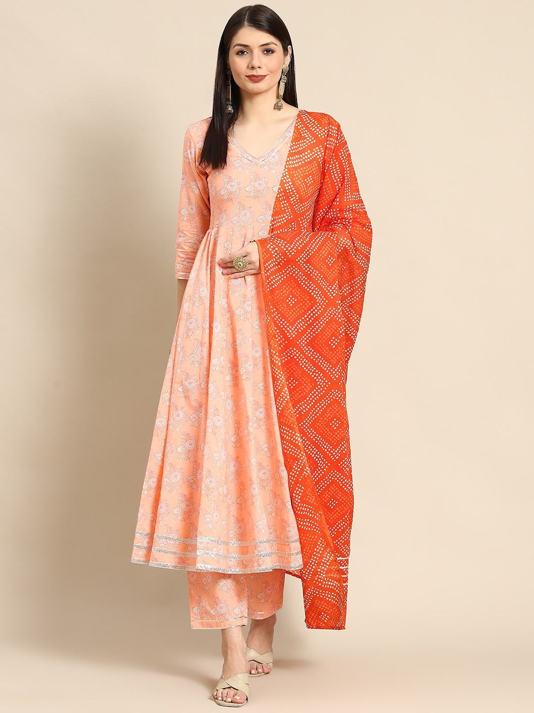 

anayna Women Peach-Coloured Ethnic Motifs Pure Cotton Kurta with Trousers & Dupatta