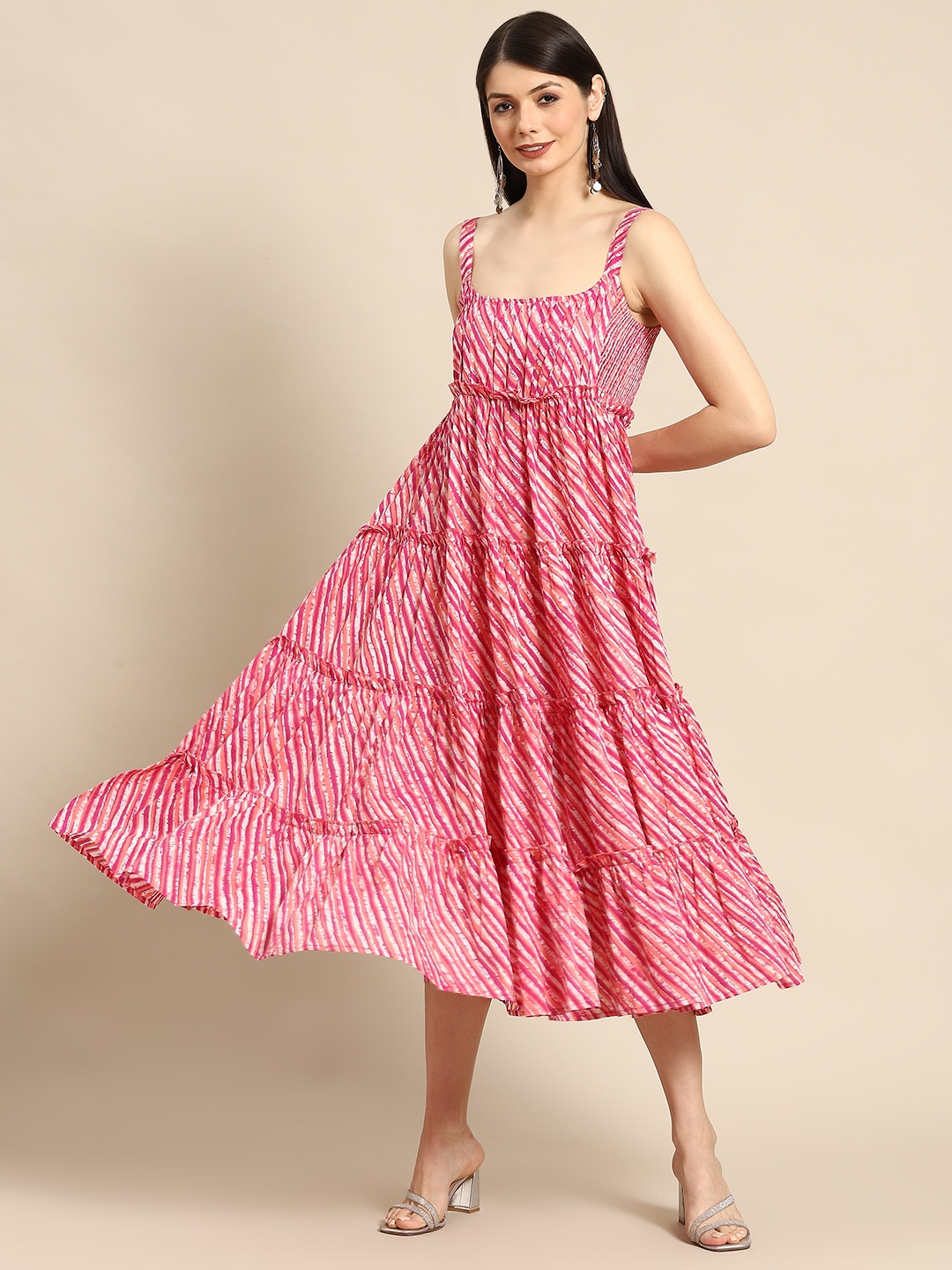 

anayna Pink & White Leheriya Printed Ruffle Pure Cotton Tiered A-Line Midi Dress