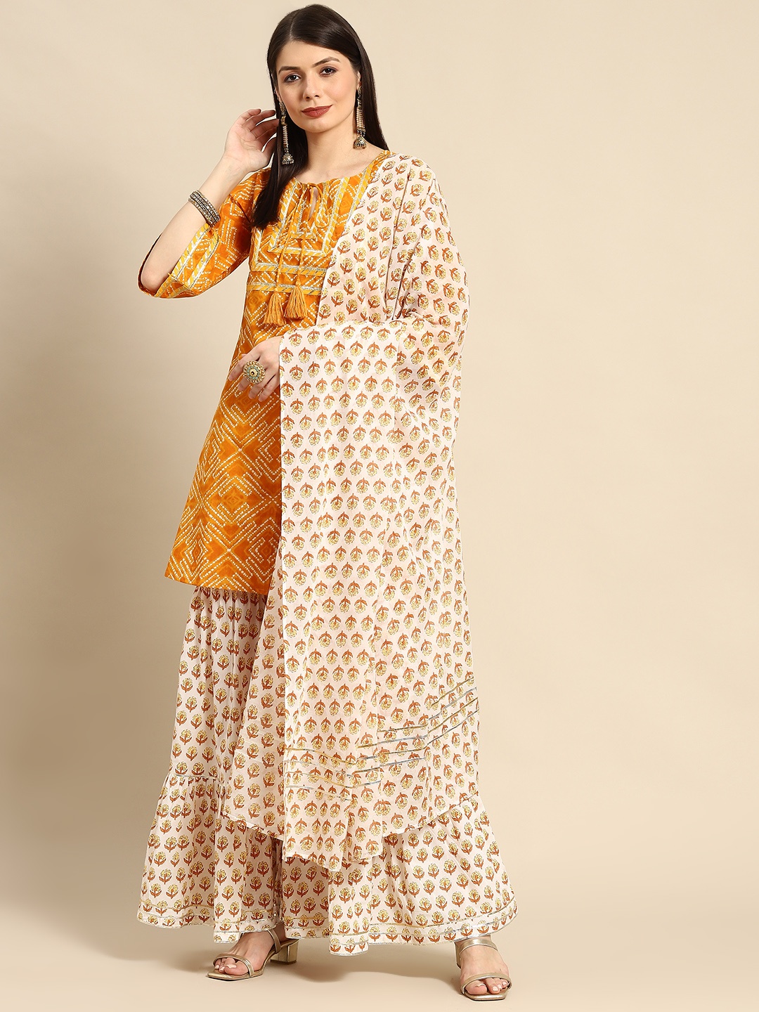 

anayna Women Mustard Yellow Ethnic Motifs Printed Pure Cotton Kurta with Sharara & Dupatta