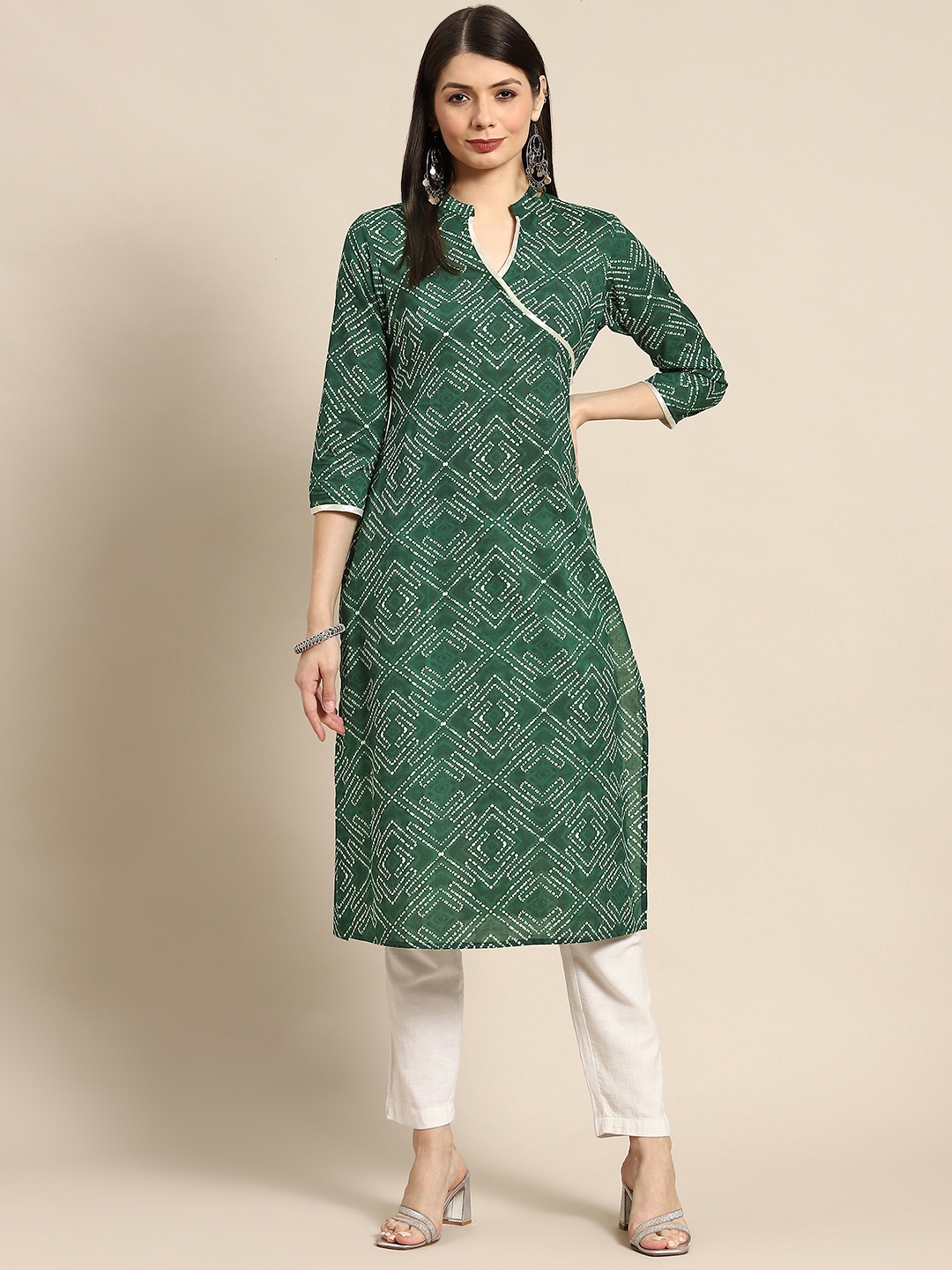 

anayna Women Green & White Bandhani Printed Pure Cotton Gotta Patti Kurta