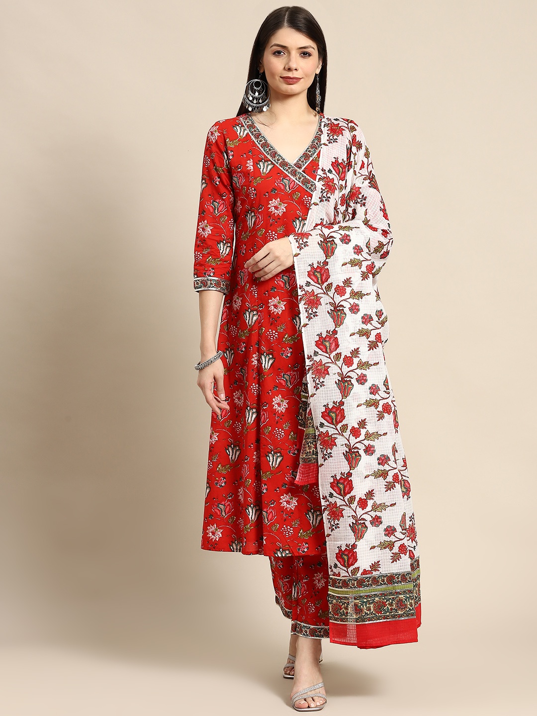 

anayna Women Red Ethnic Motifs Angrakha Pure Cotton Kurta with Trousers & With Dupatta