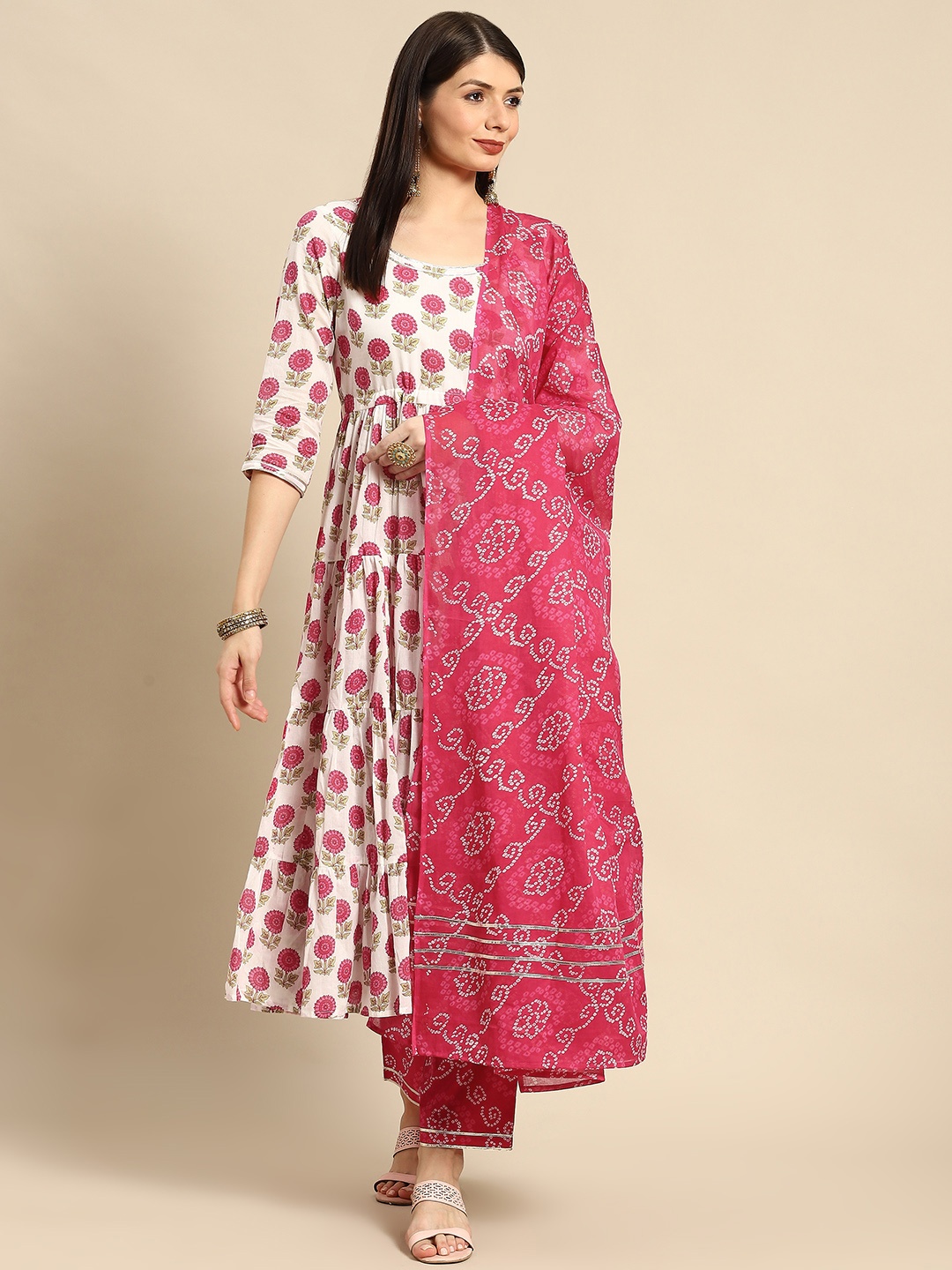 

anayna Women White Ethnic Motifs Printed Pure Cotton Kurta with Trousers & Dupatta