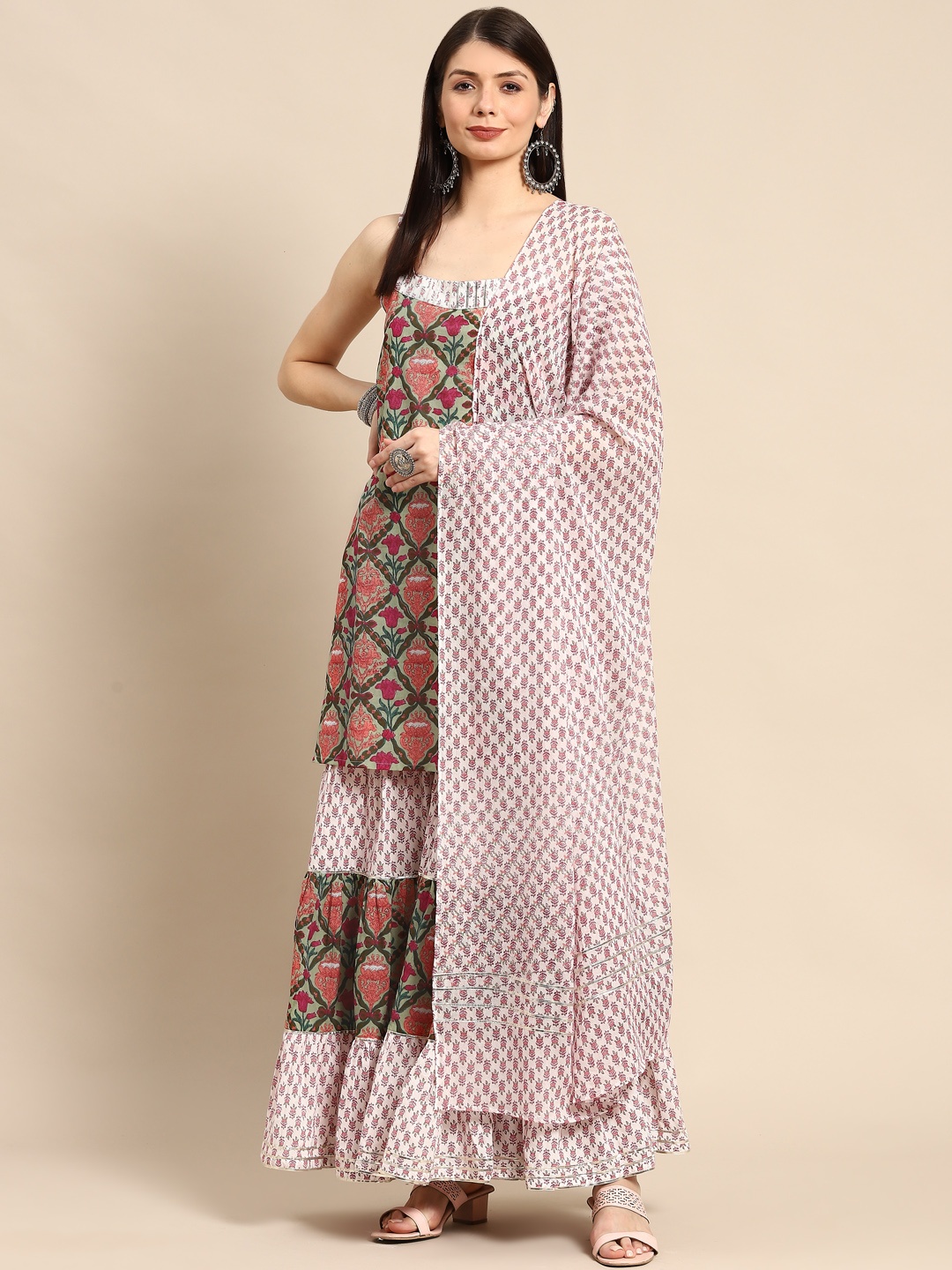 

anayna Women Green Ethnic Motifs Printed Pure Cotton Kurta with Sharara & With Dupatta