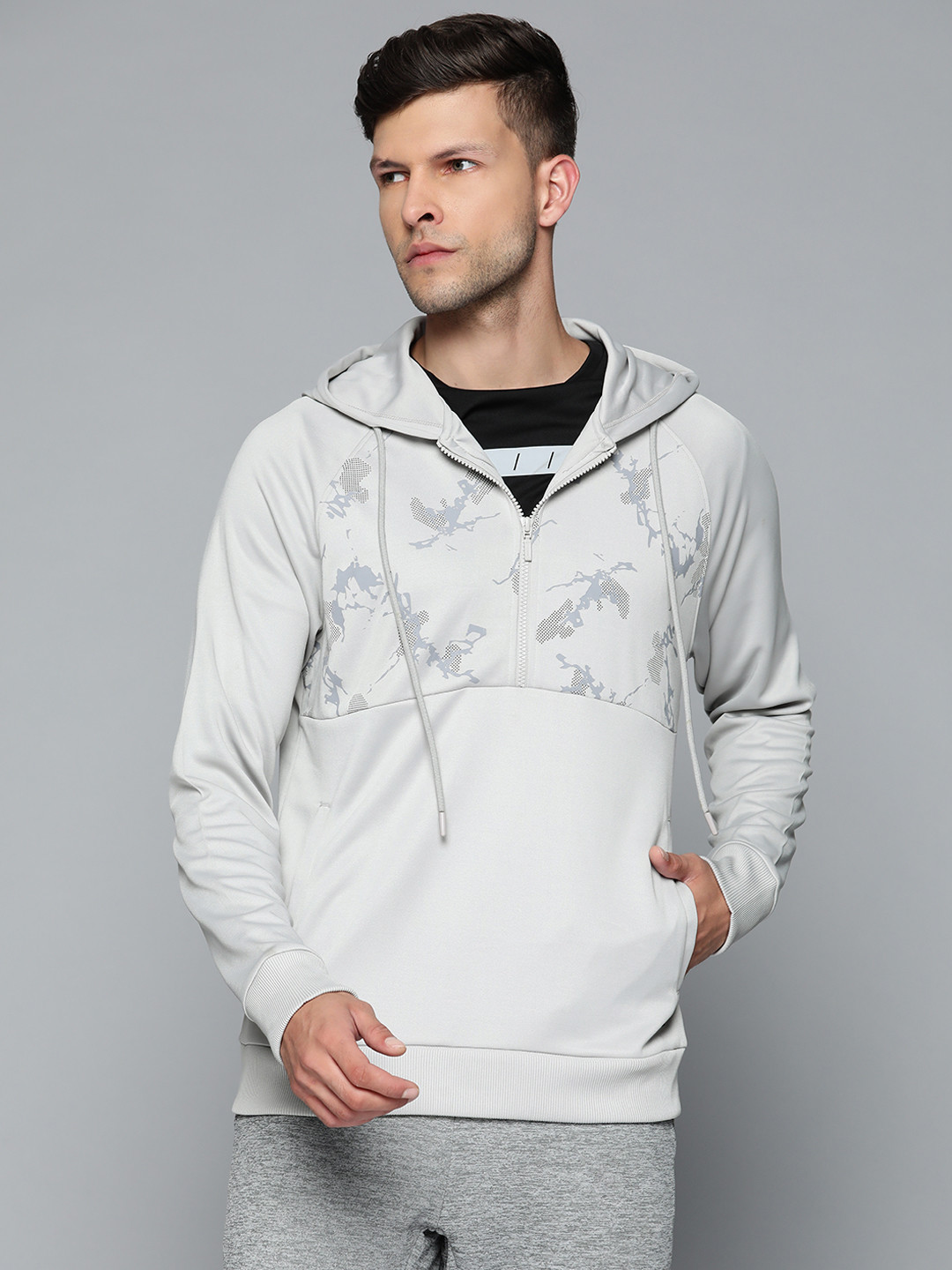 

Alcis Men Grey & Camouflage Print Hooded Sweatshirt