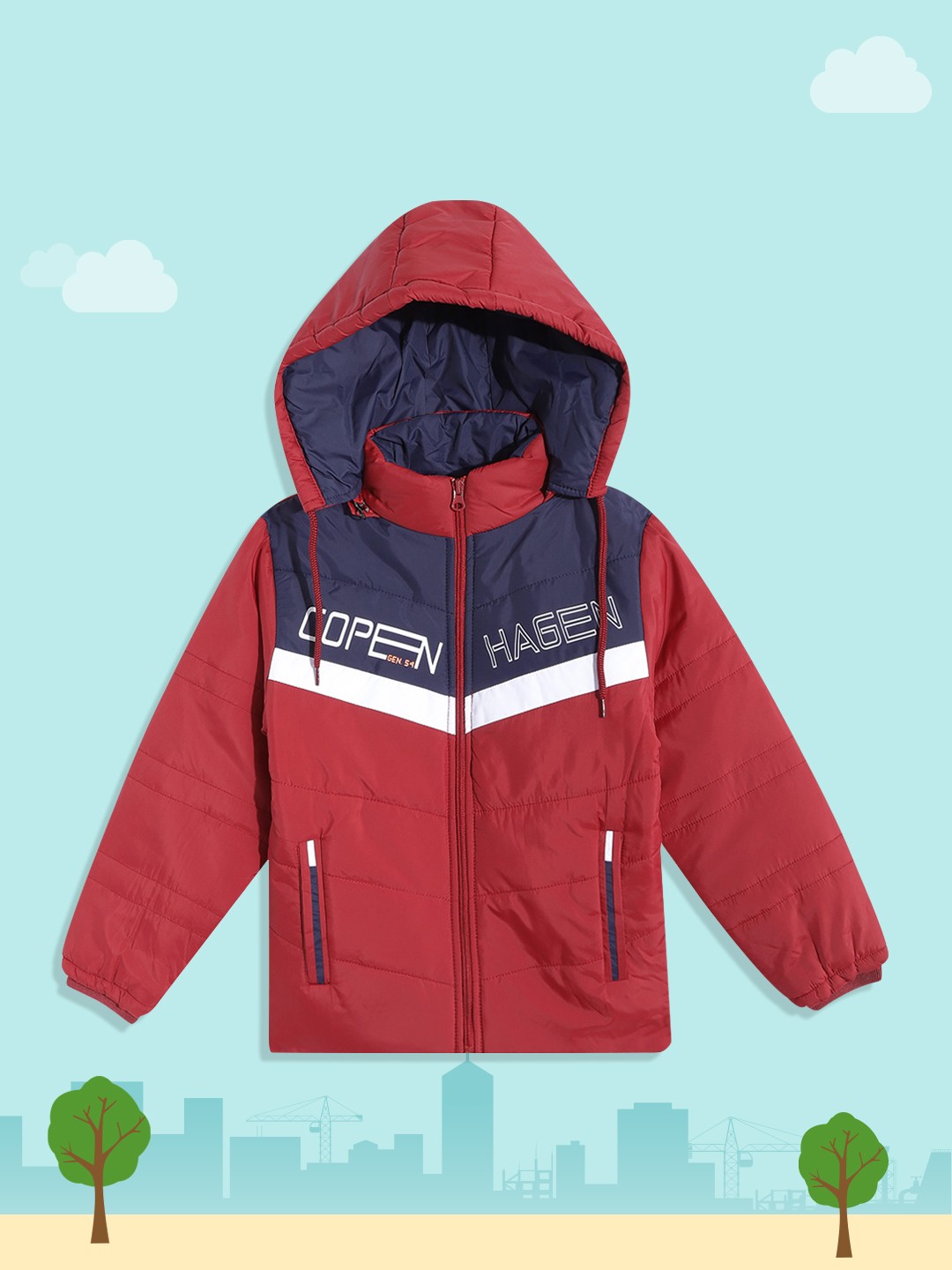 

Fort Collins Boys Red & Navy Blue Colourblocked Hooded Bomber Jacket
