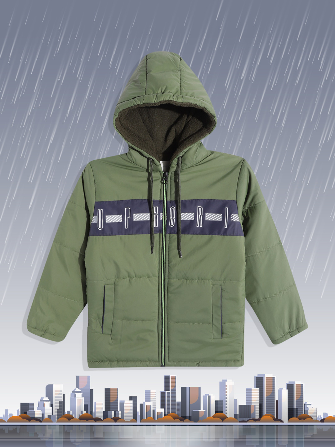 

Fort Collins Boys Green Navy Blue Striped Hooded Padded Jacket