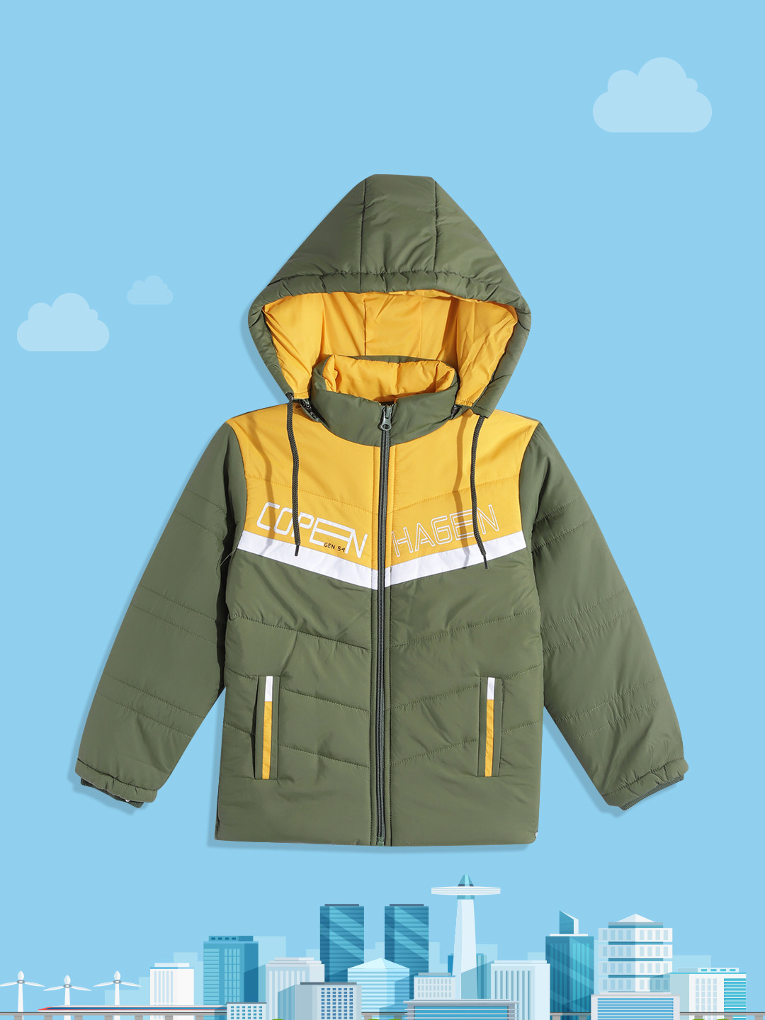 

Fort Collins Boys Olive Green Colourblocked Insulator Padded Jacket with Detachable Hood