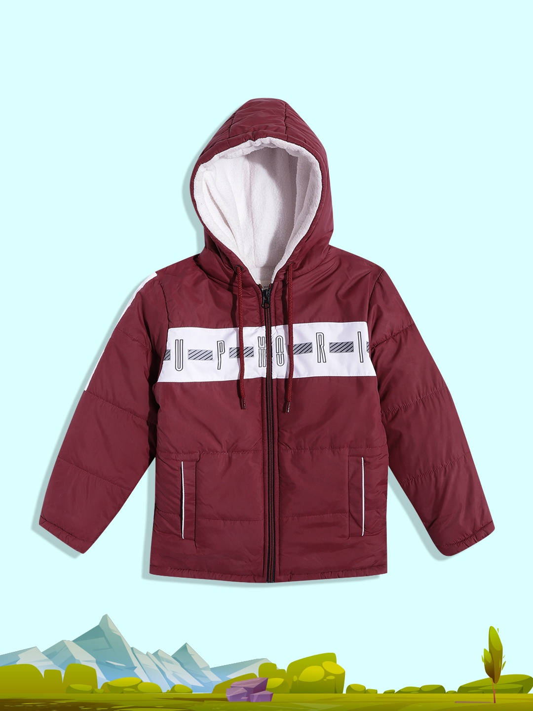 

Fort Collins Boys Maroon & White Typography Hooded Padded Jacket