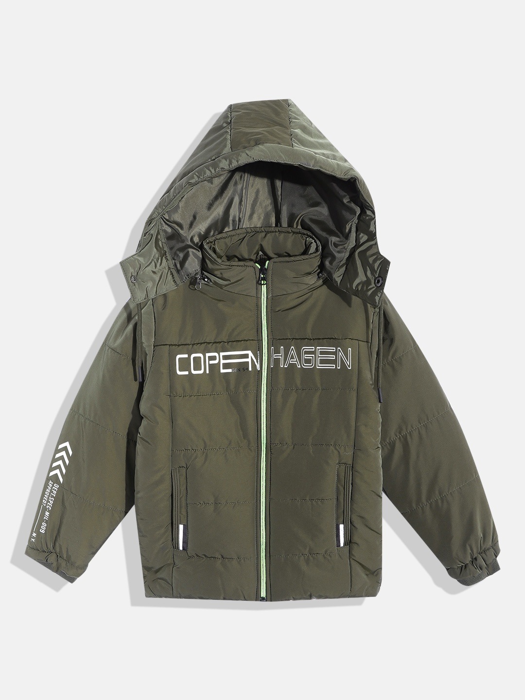 

Fort Collins Boys Olive Green Typography Printed Hooded Padded Jacket