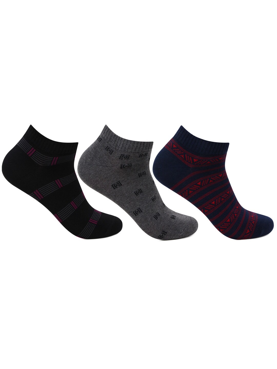 

Bonjour Men Pack of 3 Black & Grey Patterned Ankle Length Socks