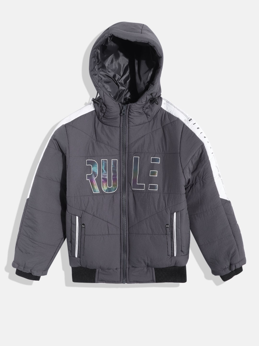 

Fort Collins Boys Grey White Typography Print Hooded Bomber Jacket