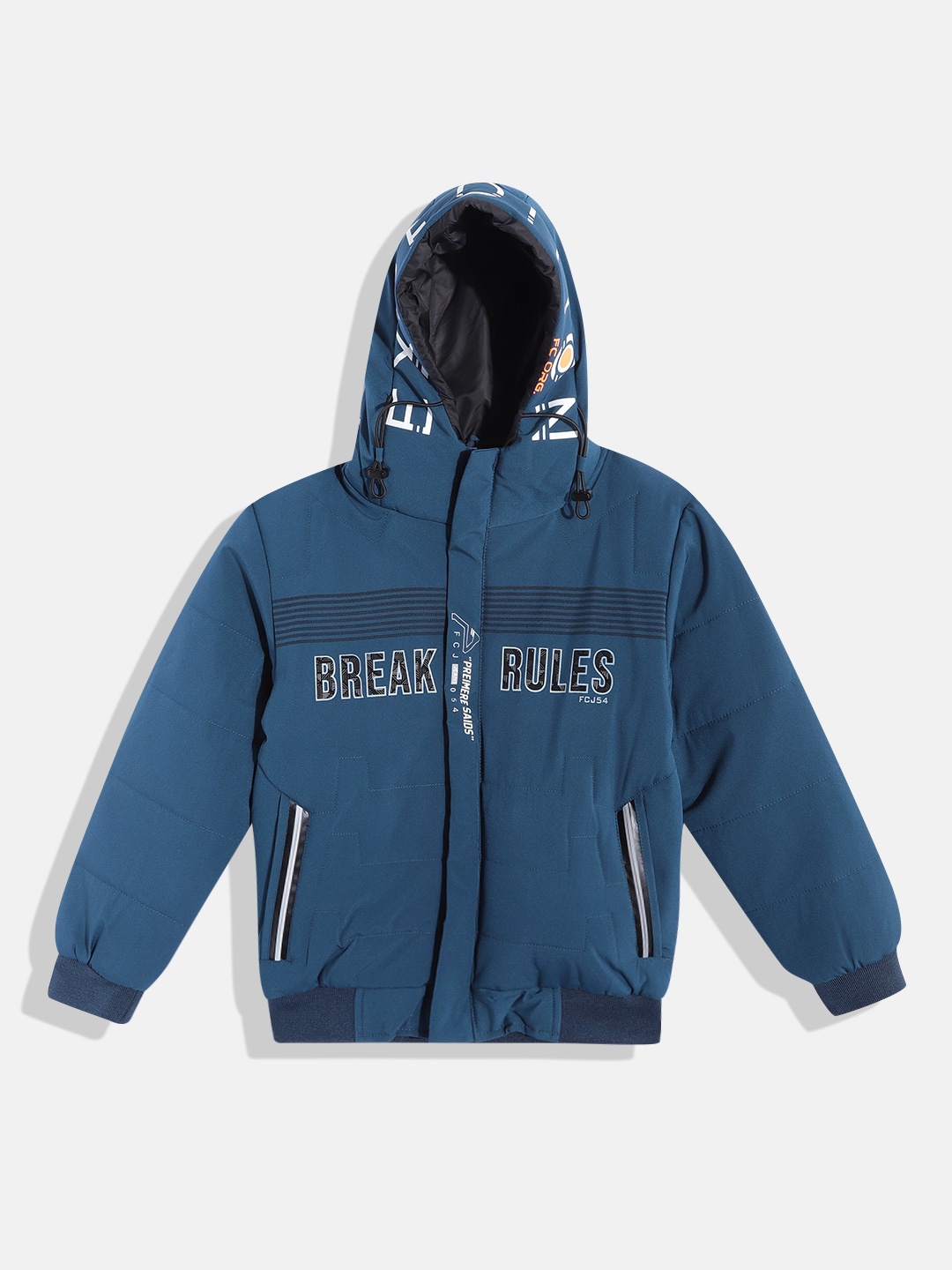 Fort Collins Boys Navy Blue Typography Print Hooded Bomber Jacket