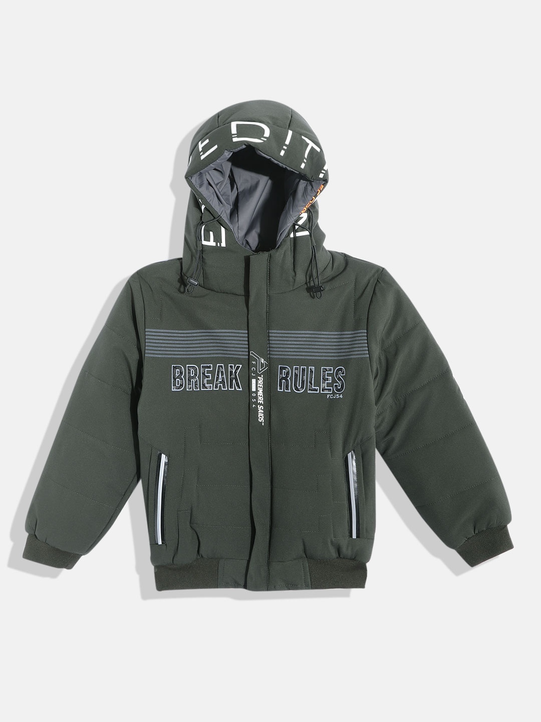 

Fort Collins Boys Olive Green Typography Print Hooded Bomber Jacket