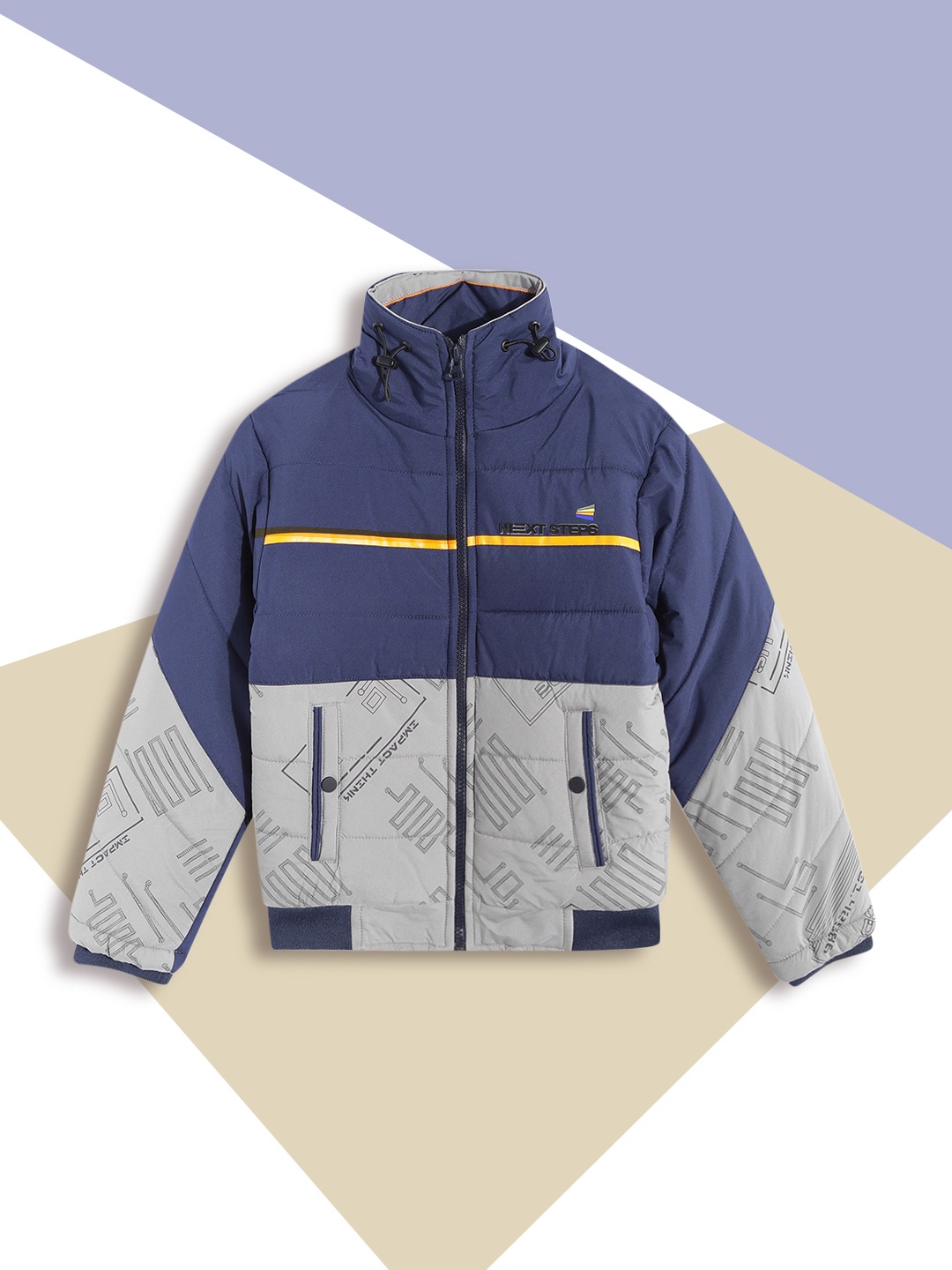 

Fort Collins Boys Navy Blue & Grey Colourblocked Mock Collar Bomber Jacket