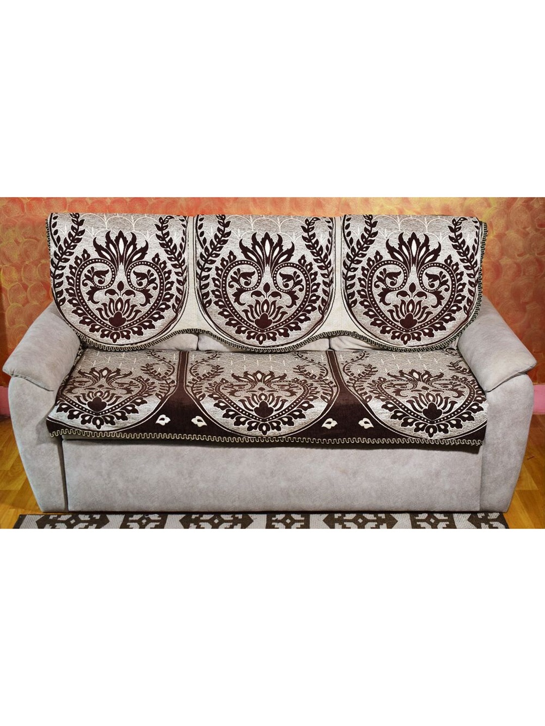 

GRIIHAM Coffee Brown & Silver-Toned Ethnic Motifs Jacquard Reversible 5 Seater Sofa Cover