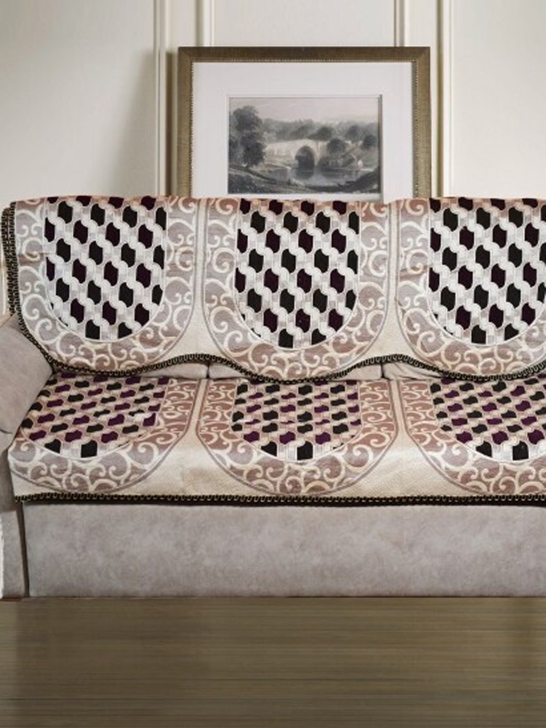 

GRIIHAM Set Of 6 Coffee Brown Jacquard 5 Seater Sofa Cover, Grey