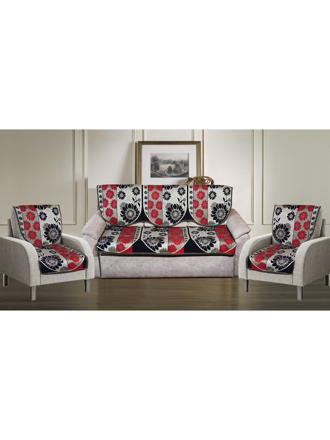 

GRIIHAM Grey & Red Floral Pack of 5 Seater Sofa Cover