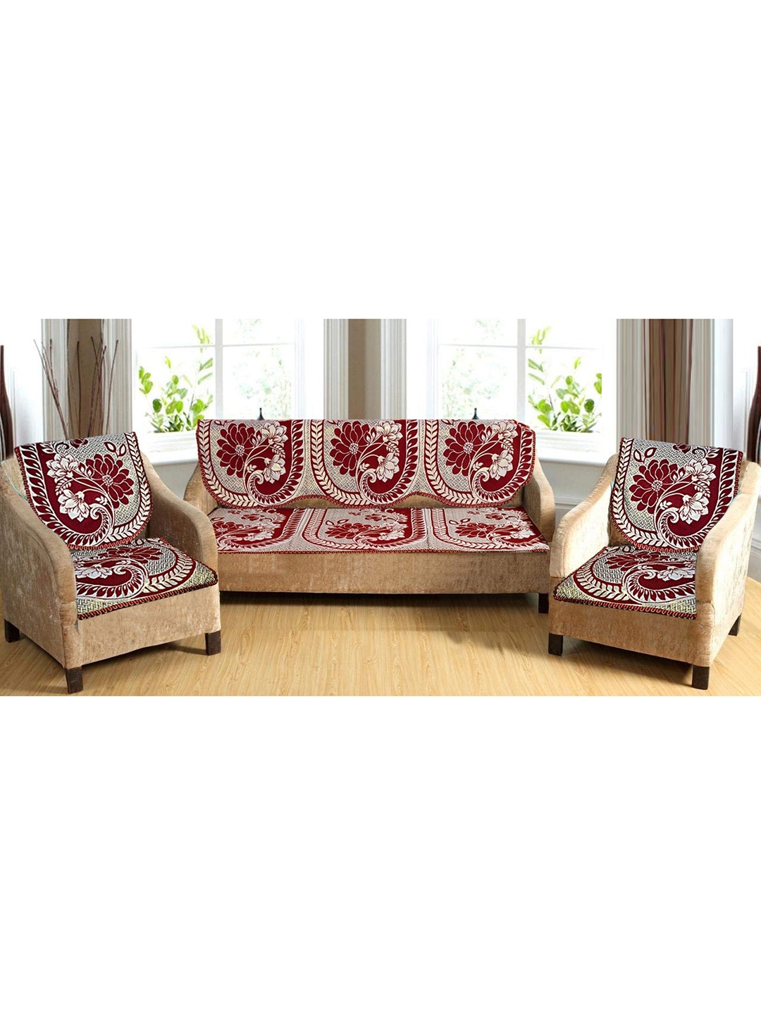 

GRIIHAM Maroon & White Floral Printed 5 Seater Sofa Cover