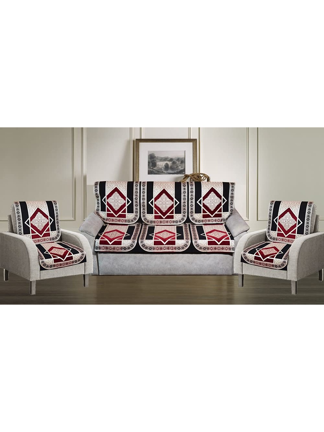 

GRIIHAM Set of 5 Maroon & Beige Printed Sofa Covers