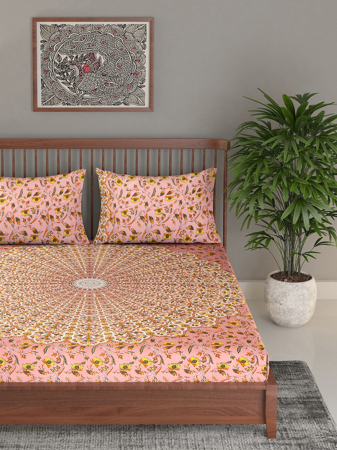 

EK BY EKTA KAPOOR Utkarsh Mandala Screen Printed 120 TC Cotton King Bedsheet & 2 Pillow Cover, Peach