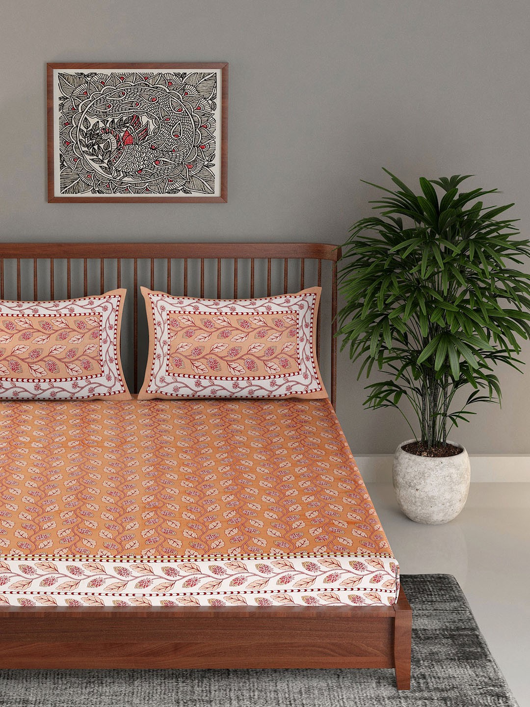 

EK BY EKTA KAPOOR Gulistaan Screen Print 120 TC King Bedsheet & 2 Pillow Cover, Orange