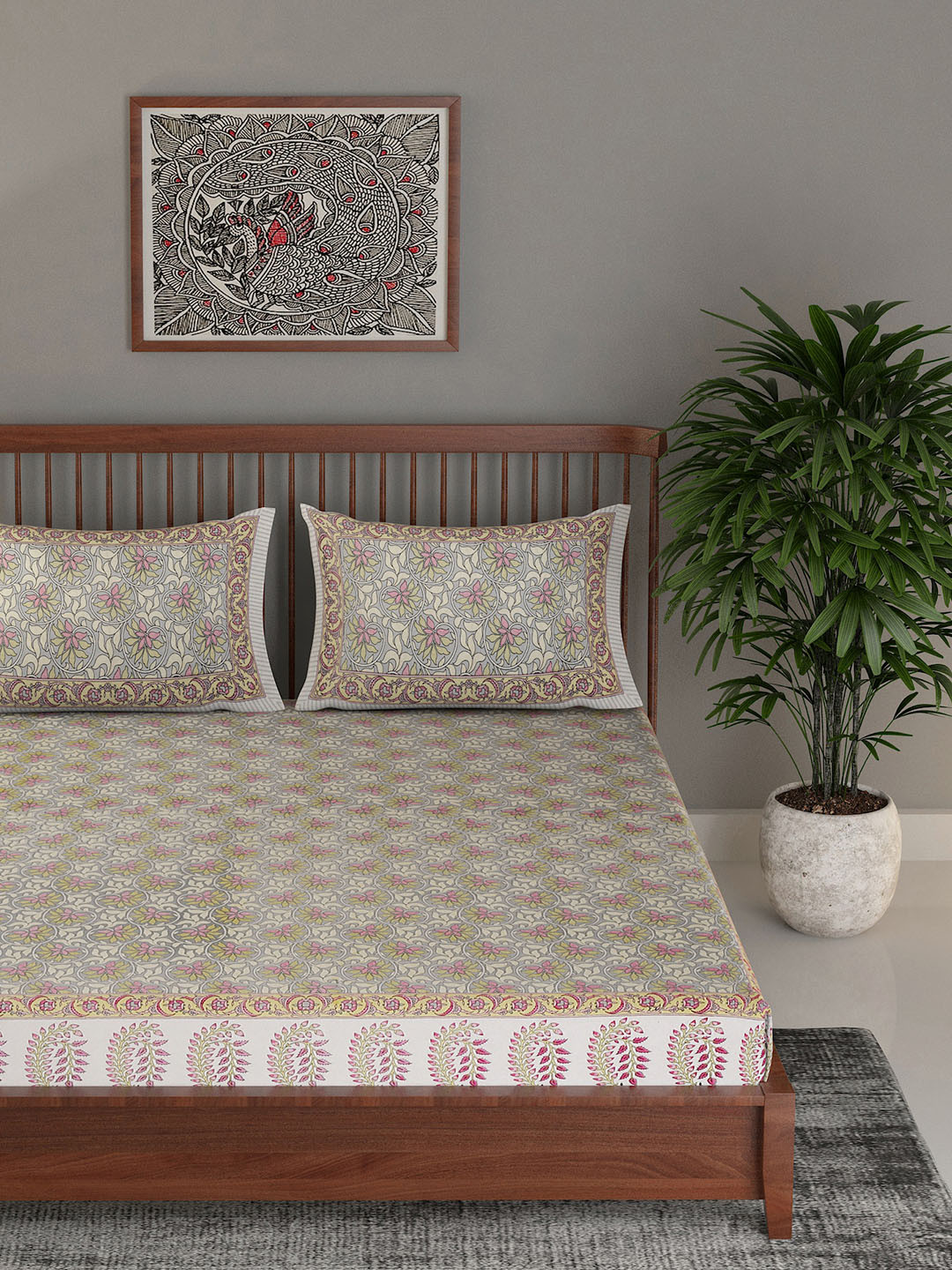 

EK BY EKTA KAPOOR Green & Pink Gulistaan Screen 120 TC King Bedsheet with 2 Pillow Cover