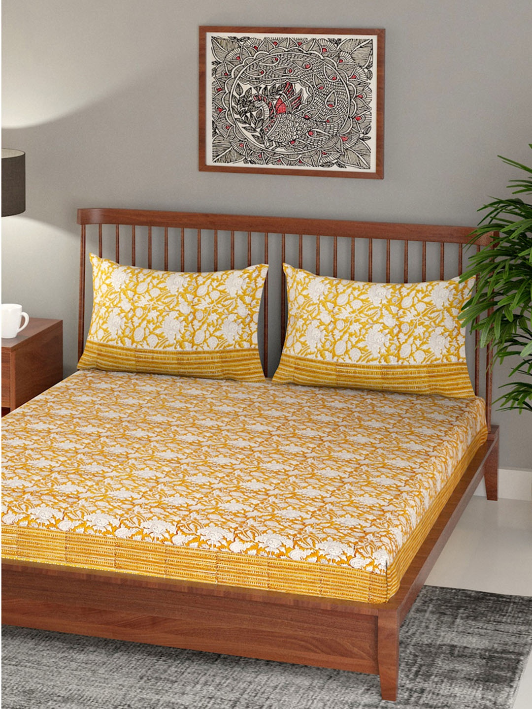 

EK BY EKTA KAPOOR Yellow Mughal Jaal Block Print Cotton Bedsheet with 2 Pillow Cover